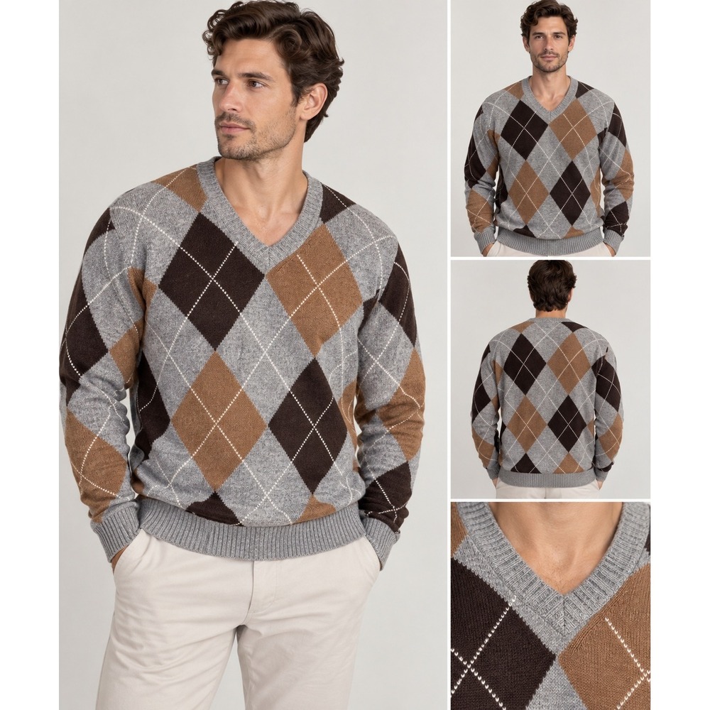Daniel Cremieux Signature Collection 100% Cashmere Argyle V-Neck Sweater XL Gray